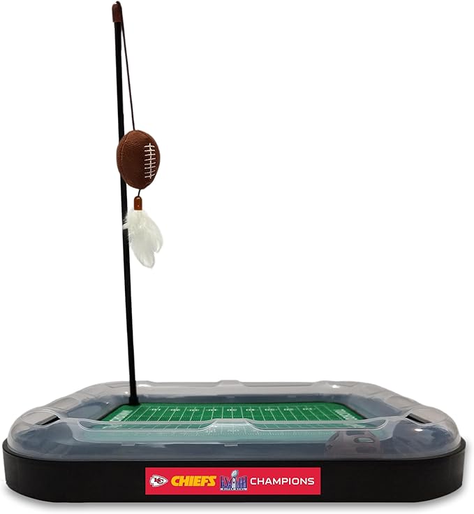 Pets First NFL Superbowl Champion Football Field CAT Scratcher Toy with Catnip Filled Plush Football Toy & Feather Hanging, with Jingle Bell, Winning Team Logo, Cat Chasing 5-in-1 Kitty Toy,