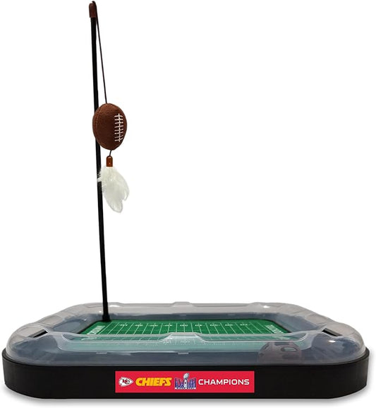 Pets First NFL Superbowl Champion Football Field CAT Scratcher Toy with Catnip Filled Plush Football Toy & Feather Hanging, with Jingle Bell, Winning Team Logo, Cat Chasing 5-in-1 Kitty Toy,