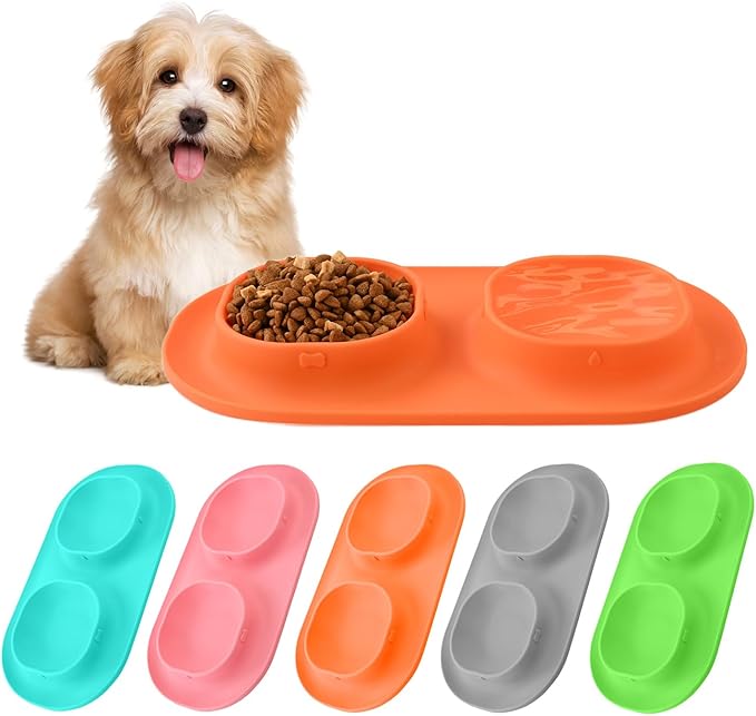 Small Size Puppy Dog Bowls: Food and Water Bowls Set for Small Dogs, No-Spill Non-Skid Dog Dish, Orange