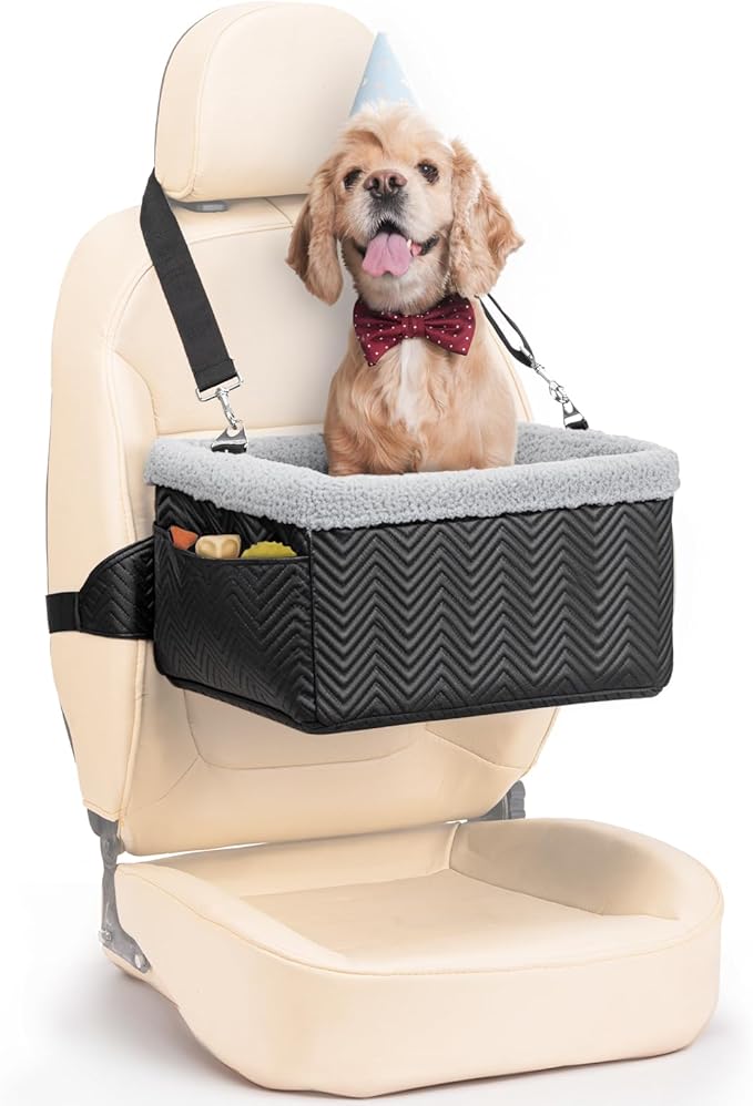 Leather Dog Car Seat for Small Dogs Under 20lbs, Dog Booster Seat with Metal Frame Construction Double-Layer Oxford Puppy Car Seats with Safety Leash Perfect for Small Pets Dogs Cats