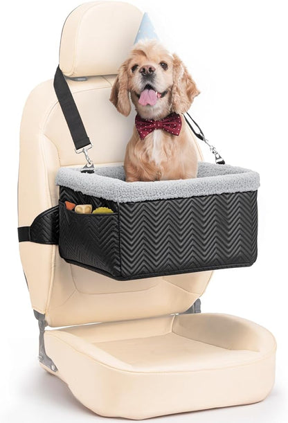 Leather Dog Car Seat for Small Dogs Under 20lbs, Dog Booster Seat with Metal Frame Construction Double-Layer Oxford Puppy Car Seats with Safety Leash Perfect for Small Pets Dogs Cats