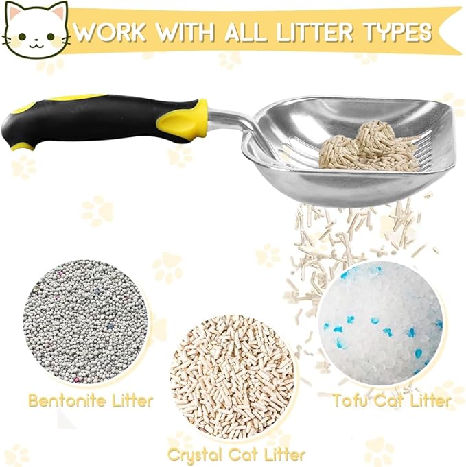 Cat Litter Scoop, Metal Cat Scooper, Rubber Handle Scoop, Sifting Shovel for Christmas – Heavy Duty Aluminum Alloy Litter Box Scoop with Deep Mesh, Design for Easy Waste Removal and Cleaning(Yellow)