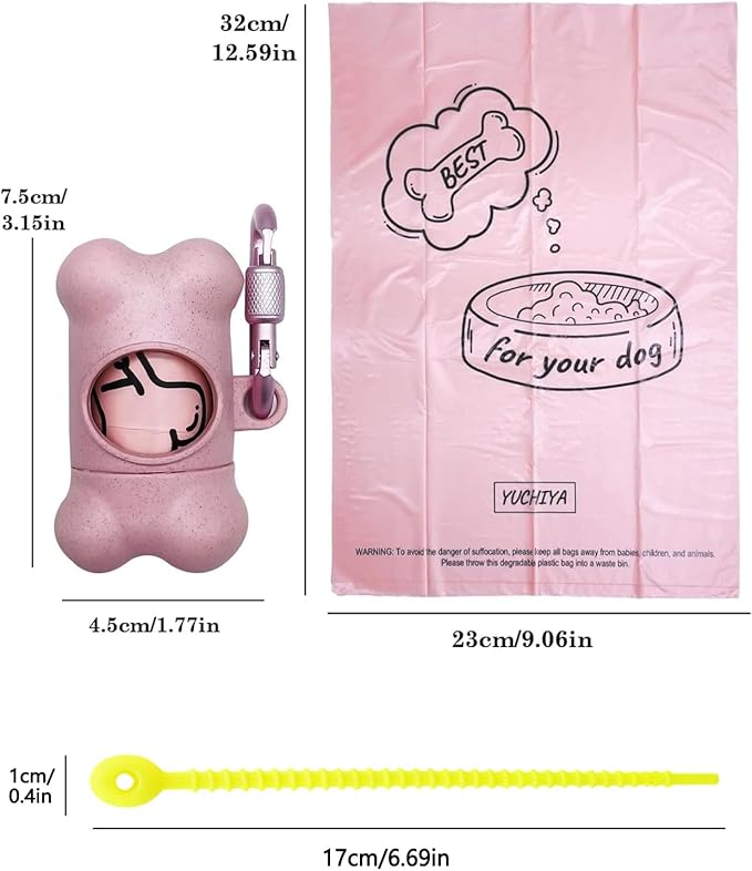Dog Poop Pickup Bags Holder Dispenser with Standard-Sized Leak-Proof Scented Doggy Waste Bags and Carabiner with Safety Lock&Fastener Never Loose on Leash Lead Again (1 Holder 195 Bags, Pink)
