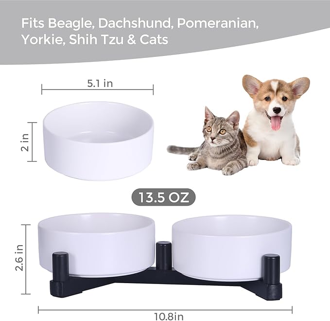 Ceramic Dog Bowl and Cat Bowls Set with 15° Adjustable Wood Stand, Non-Slip Weighted Pet Food and Water Bowls, Dual Raised Feeder for Small Dogs, Matte Glaze Pet Dish 13.5oz Set of 2 (Ceramic White)
