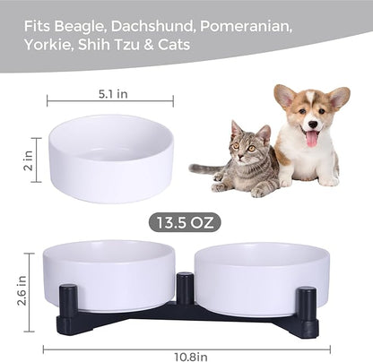 Ceramic Dog Bowl and Cat Bowls Set with 15° Adjustable Wood Stand, Non-Slip Weighted Pet Food and Water Bowls, Dual Raised Feeder for Small Dogs, Matte Glaze Pet Dish 13.5oz Set of 2 (Ceramic White)
