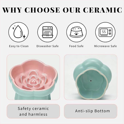 Cat Slow Feeder Flower-Shaped Ceramic Slow Feeder Cat Bowl, Tilted Raised Cat Slow Feeder Bowl for Whisker Relief, Prevents Vomiting & Bloating, Non-Slip Base