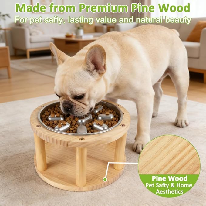 Vivifying Elevated Dog Bowl, Pine Wood Stand with Stainless Steel Slow Feeder, 5.9" Raised Dog Bowl for Small & Medium Dogs