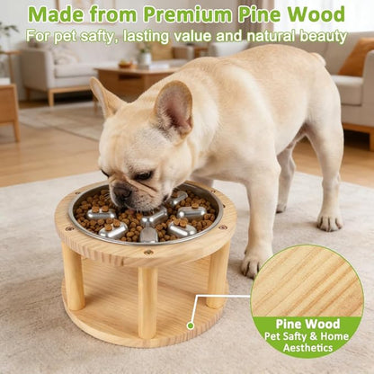 Vivifying Elevated Dog Bowl, Pine Wood Stand with Stainless Steel Slow Feeder, 5.9" Raised Dog Bowl for Small & Medium Dogs