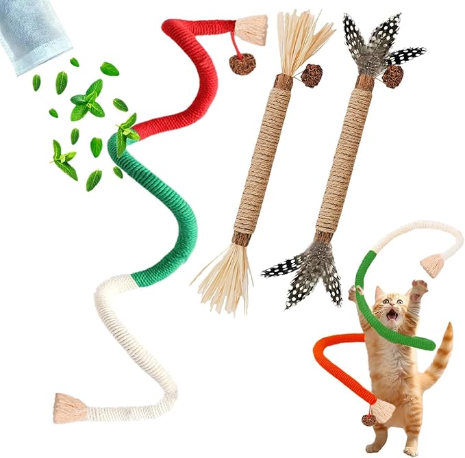 Cat Toys, 3PCS Catnip Toy for Indoor Kitten Toys Cat Chew Stick for Dental Cleaning Teeth Cat Silvervine Matatabi Rope Treat Kitty Feather Snack for for Kick Molar Scratch Self Play
