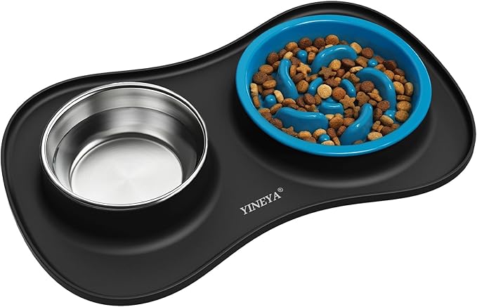 Slow Feeder Dog Bowls Stainless Steel Food and Water Bowl Set 3 in 1 No Spill Waterproof Silicone Pet Food Mat Puppy Feeding Station for Large Medium Small Breed Non Slip Metal Dish Tray by YINEYA