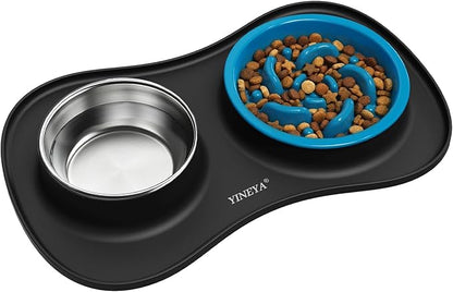 Slow Feeder Dog Bowls Stainless Steel Food and Water Bowl Set 3 in 1 No Spill Waterproof Silicone Pet Food Mat Puppy Feeding Station for Large Medium Small Breed Non Slip Metal Dish Tray by YINEYA