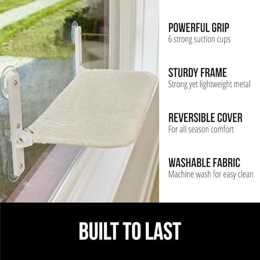 GORILLA GRIP Cat Window Perch, Foldable Cat Window Hammock Bed with 6 Large Suction Cups, Cordless Indoor Wall Shelves, Strong Metal Frame Holds 40lbs, Reversible Washable Sherpa Cover, Large Beige