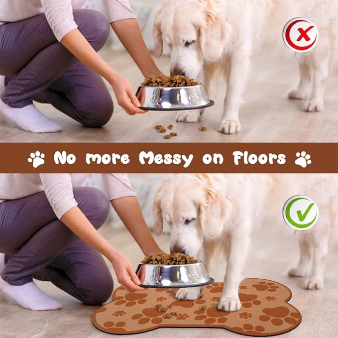 Dog Food Mats for Floors Waterproof, Pet Feeding Absorbent Water Bowl Mat Cat Placemats Brown Bone Shape 25.5 * 17 inch