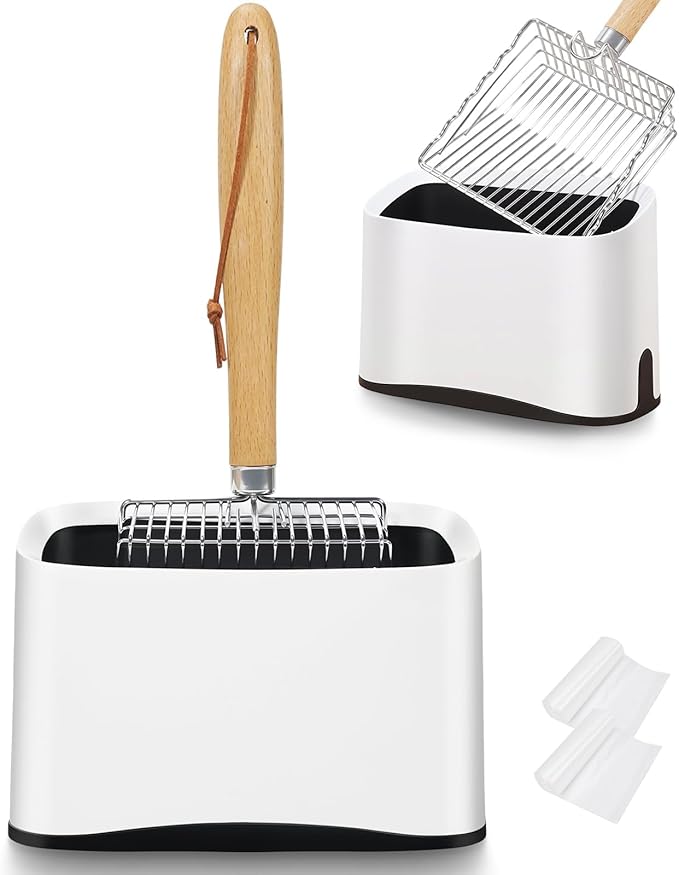Metal Cat Litter Scoop with Holder, Poop Scooper with Stand and 2 Rolls of Garbage Bags, Heavy Duty Stainless Steel Shovel with Wooden, Quick Sifter for Easy Cleaning