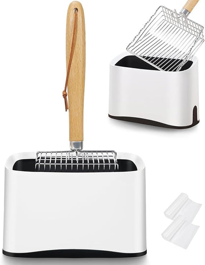 Metal Cat Litter Scoop with Holder, Poop Scooper with Stand and 2 Rolls of Garbage Bags, Heavy Duty Stainless Steel Shovel with Wooden, Quick Sifter for Easy Cleaning