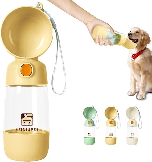 Dog Water Bottle with Food Container, 2-in-1 Cat & Small Dog Water Bottle Portable for Walking, Hiking, Travel - Yellow