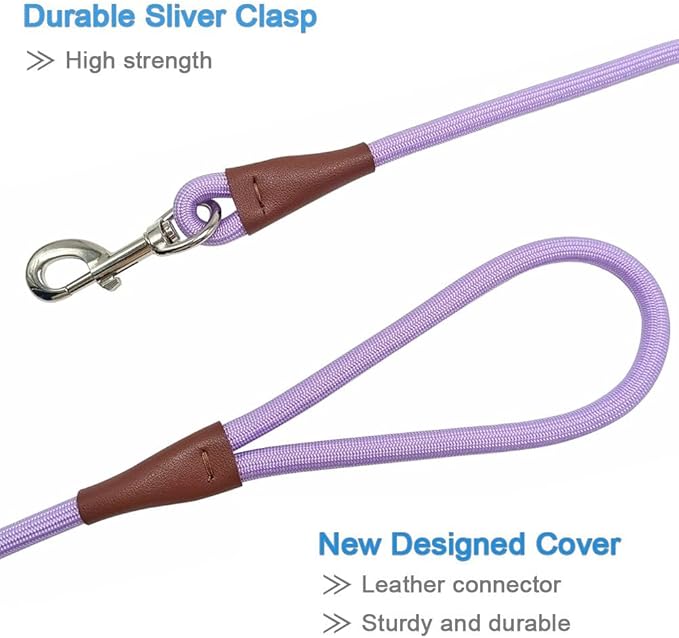 MayPaw 6/8 /10 FT Dog Leash, Classic Solid Colors, Strong Nylon Rope Dog Leash Reinforced with Leather Tailor Connection Heavy Duty Silver Clasp (Purple, 6ft*1/2")