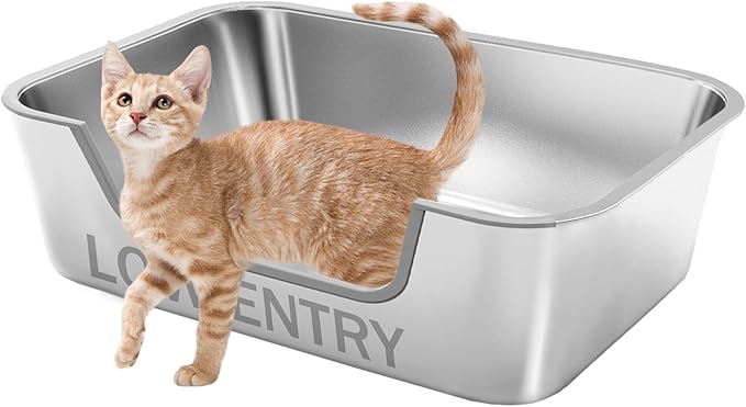 Stainless Steel Cat Litter Box with Low Entry,Litter Pan for Small and Medium Cats,Easy to Clean,Non-Stick,Odor-Free,Suitable for Kittens,Senior Cats and Injured Pets,15.7"x11.8"x5.9"