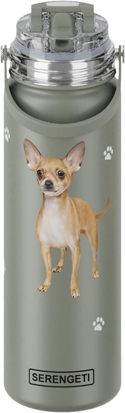E&S Pets SERENGETI 24 Oz Water Bottle Stainless Steel with Spill Proof Lid - Double walled Vacuum Insulated water flask - Realistic 3D Print of your favorite dog (Chihuahua tan)
