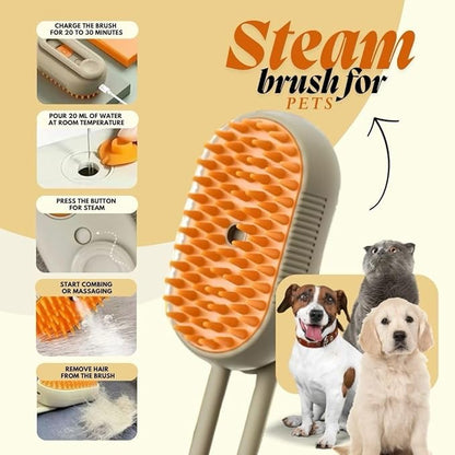 3-in-1 Steam Pet Brush for Cats & Dogs – Self-Cleaning Grooming Comb with Spray Mist, Massage & Shedding, Rechargeable USB, Anti-Static, Foldable Handle – Kakhi