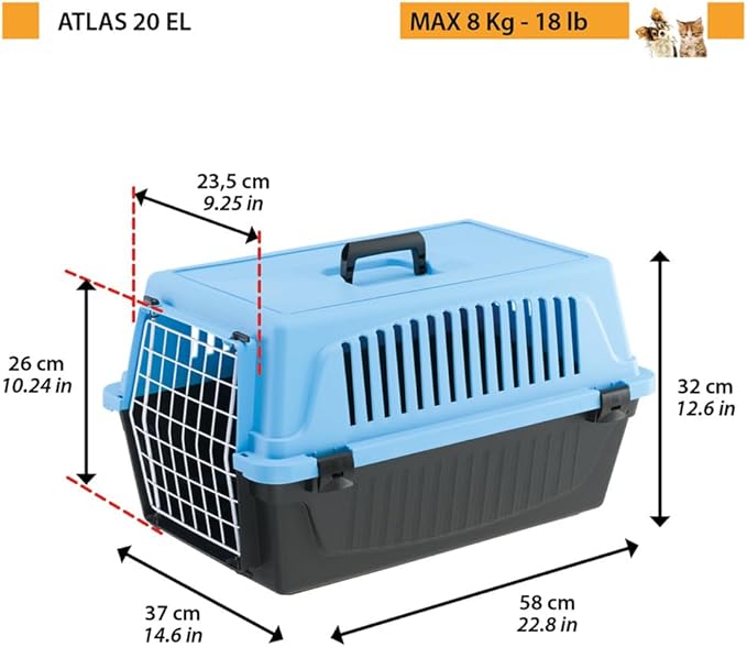 Ferplast Cat Carrier Small Dog Carrier, Secure, Practical, Easy to Clean, Durable Pet Dog/Cat Travel Box Cage up to 8 Kg. 58 x 37 x h 32 cm. Blue