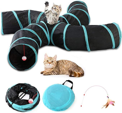 Yinghe Cat Tunnel - Collapsible 3 Way Pet Tunnel with Interactive Ball & Feather Wand - Pet Toy Tube Fun for Rabbits, Kittens, Cats, and Dogs