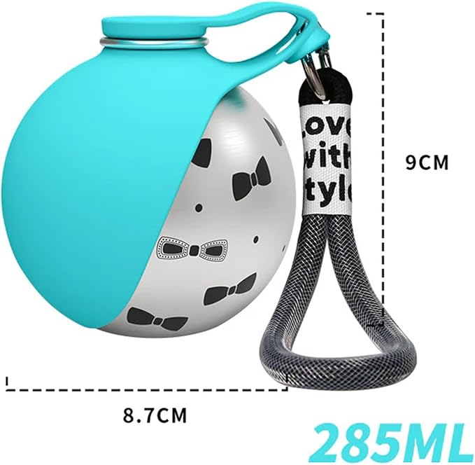 Foldable Pet Water Bottle, Portable Leak Proof Dog Water Bottle with Silicone Drinking Bowl, 304 Stainless Steel Travel Water Dispenser for Dogs and Cats, 287ML (Blue+Print)