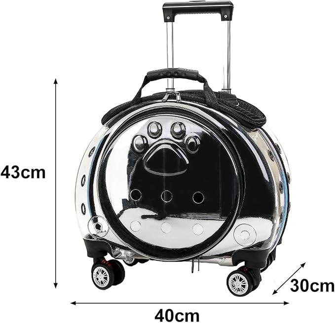 Pet Carrier with Wheels for Cats and Dogs, Clear Hard-Shell Rolling Pet Carrier with Retractable Handle, Airline-Approved Travel Carrier, Portable Cat and Dog Stroller (Black)