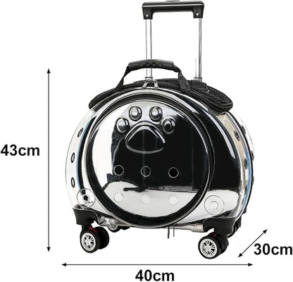 Pet Carrier with Wheels for Cats and Dogs, Clear Hard-Shell Rolling Pet Carrier with Retractable Handle, Airline-Approved Travel Carrier, Portable Cat and Dog Stroller (Black)
