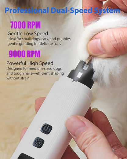 Electric Dog Nail Grinder with 2 Level LED Lights, 2 Speed Super Quiet and Low Vibration Rechargeable Pet Nail Grinder for Small Dogs and Cats - White