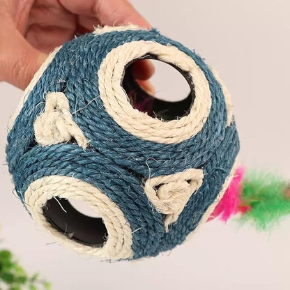 1x Hemp Ball Cat Toy,Six-Hole Hollow-Out Designed,Sisal Hemp Woven Cat Toy, Plume Bell Inside,Special Kitten Chew Toys for Indoor Cats,Interactive pet (Blue, 12cm Ball)