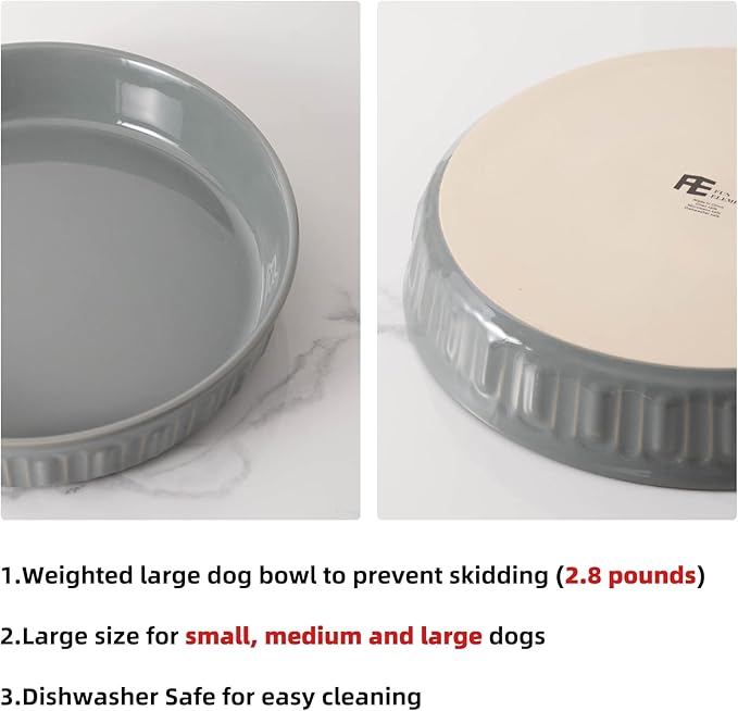 Fun Elements Shallow Dog Bowls, 10.5" Ceramic Large Food Plate for Small, Medium and Large Breeds, Non-Slip, Flat and Wide, Dishwasher Safe, Suitable for Dogs and Cats (Grey)