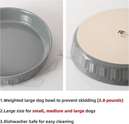 Fun Elements Shallow Dog Bowls, 10.5" Ceramic Large Food Plate for Small, Medium and Large Breeds, Non-Slip, Flat and Wide, Dishwasher Safe, Suitable for Dogs and Cats (Grey)