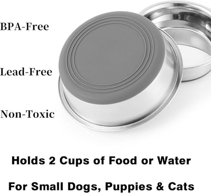 Stainless Steel Dog Bowls 2 Pack – 2 Cup Pet Food & Water Bowls with Non-Slip Rubber Base, Dishwasher Safe, for Small Dogs & Cats