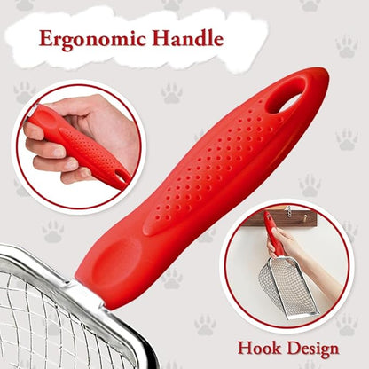 Cat Litter Scoop - Long Handle Scooper, Rustproof Stainless Steel Mesh, Non-Slip Grip, Deep Shovel Sifter for All Litter Types, Easy Clean Kitty Waste Litter for Litter Box(Red)