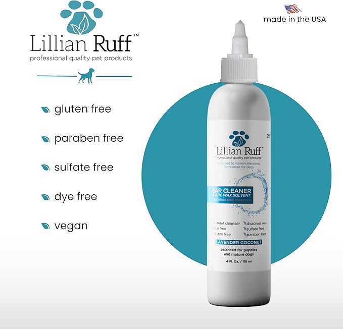Lillian Ruff Ear Cleaner & Otic Wax Solvent for Dogs with Tea Tree Oil, Bee Propolis & Aloe - Coconut and Lavender Scent - Dissolve Wax and Combat Ear Odors - Safe for Sensitive Ears (4oz)