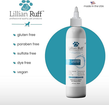 Lillian Ruff Ear Cleaner & Otic Wax Solvent for Dogs with Tea Tree Oil, Bee Propolis & Aloe - Coconut and Lavender Scent - Dissolve Wax and Combat Ear Odors - Safe for Sensitive Ears (4oz)