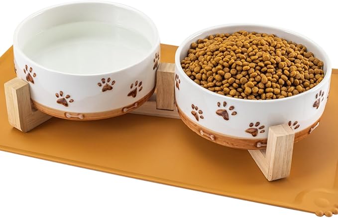 Ceramic Dog Bowls, 3.5 Cups Dog Food and Water Bowl Set for Medium Dogs with Wooden Stand and Non-Slip Silicone Food Mat, Weighted Embossed Cute Puppy Bowls Feeding Dishes Set of 2, 32 OZ