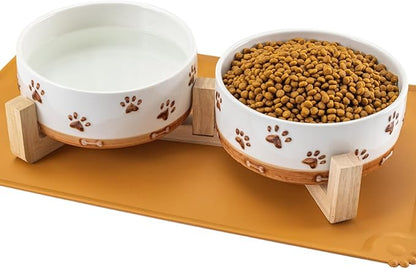 Ceramic Dog Bowls, 3.5 Cups Dog Food and Water Bowl Set for Medium Dogs with Wooden Stand and Non-Slip Silicone Food Mat, Weighted Embossed Cute Puppy Bowls Feeding Dishes Set of 2, 32 OZ