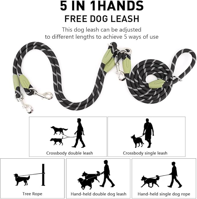 pawstrip Hands Free Dog Leash Crossbody Dog Running Leash Handsfree Pet Rope for Hiking Training Heavy Duty Reflective Pet Walking Belt (Black for Two Dogs)