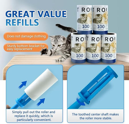 Mucilaginator Pet Hair Adhesive Roller，Removable Cleaning Tape Brush Paper Hair Replacement Roller, 600 Sheet Value Set Roller for Furniture, Clothing and More,Pet Lovers Dogs and Cats