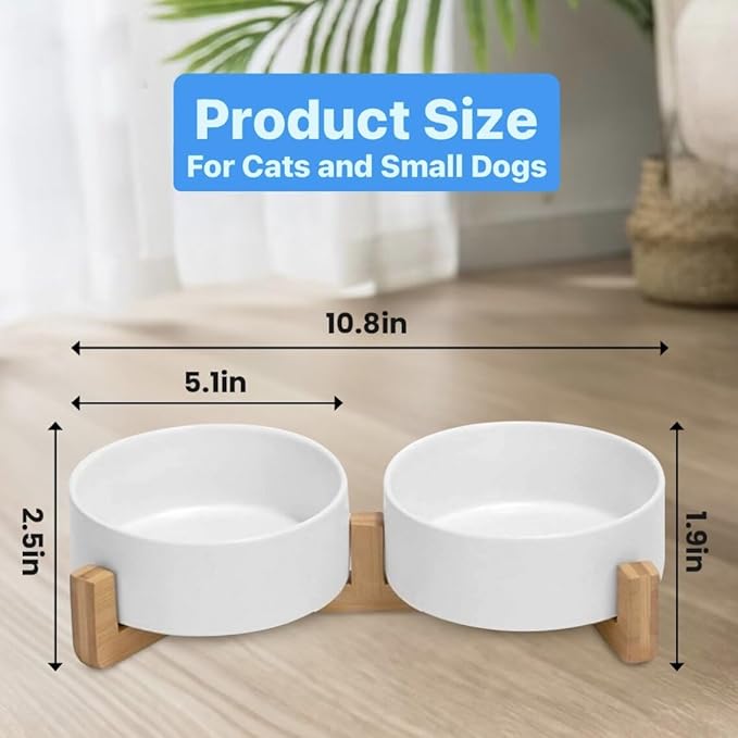 Ceramic Cat and Small Dog Bowl Set – Modern Indoor Small Size Pet Food and Water Bowls with Wood Stand – Non Slip Puppy Sized Feeding Station with Double Dishes (White)