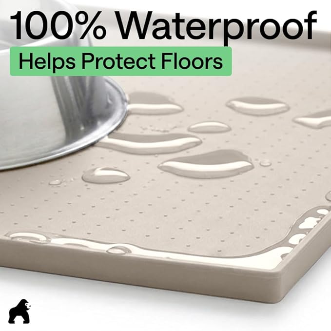 GORILLA GRIP 100% Waterproof Raised Edge BPA Free Silicone Pet Feeding Mat, Dog Cat Food Mats Contain Spills Protects Floors, Placemats for Cats and Dogs Water Bowl, Pets Accessories 16x10, Beige