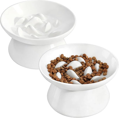 PETTOM Slow Feeder Cat Bowl, 2 Pack Ceramic Raised Tilted Cat Slow Feeder Bowl Elevated Puzzle Anti Vomiting for Dry and Wet Food Whisker Friendly for Kitty Puppy, White
