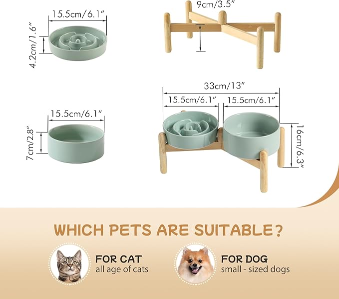 Ceramic 0.9 Cup Raised Slow Feeder Dog Bowl Set, Elevated 6.1inch Water Bowl and 6.1inch Slow Dish with Wooden Stand for Small Dogs(2 x Light Green+ Stand)