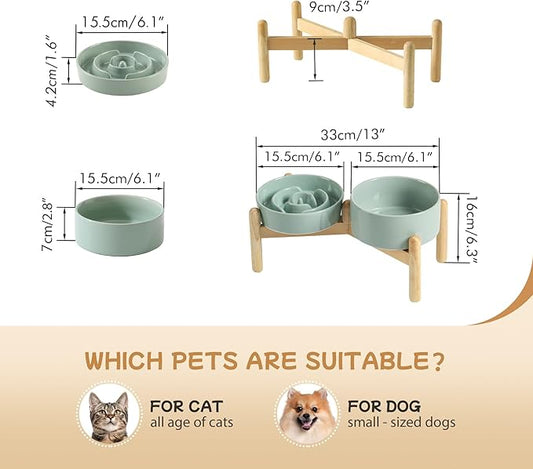 Ceramic 0.9 Cup Raised Slow Feeder Dog Bowl Set, Elevated 6.1inch Water Bowl and 6.1inch Slow Dish with Wooden Stand for Small Dogs(2 x Light Green+ Stand)