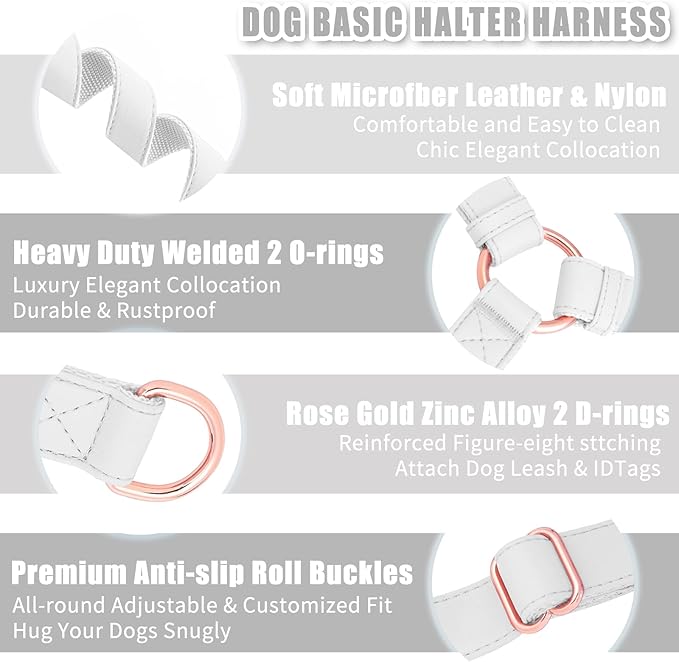 Soft Leather No Pull Dog Harness - Adjustable Step in Dog Harness with Rose Gold Heavy Duty Metal Buckle, Freedom Nylon Dog Halter Vests for Small Medium Large Dogs Easy Walking Training (White,L)