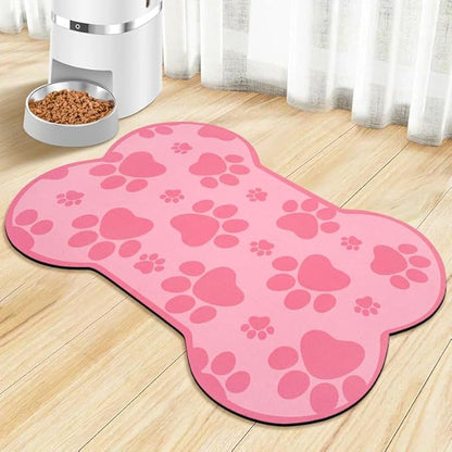 Dog Food Mats for Floors Waterproof, Pet Feeding Absorbent Water Bowl Mat Cat Placemats Pink Bone Shape 19 * 12 inch