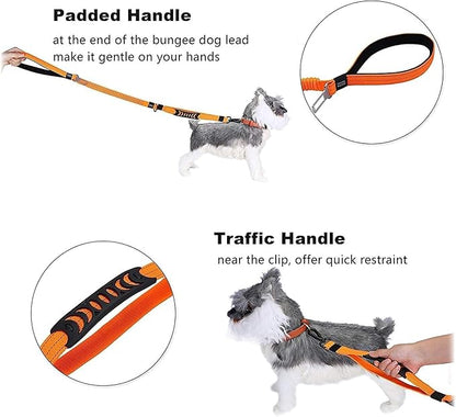No-Pull Shock Absorbing Bungee Leash for Large Dogs, 4-6 FT Heavy Duty Dog Leash with Traffic Handle & Seat Belt Buckle, Reflective, Up to 150 Lbs