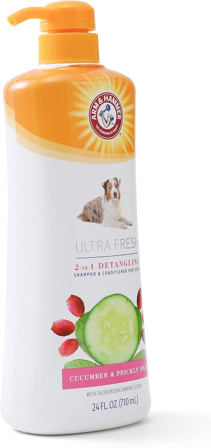 Arm & Hammer Ultra Fresh 2 in 1 Detangling Dog Shampoo and Conditioner with Baking Soda Deodorizer, Moisturizing Pet Wash for Tangles and Odor Control, Cucumber Prickly Pear Scent, 24 Fl Oz